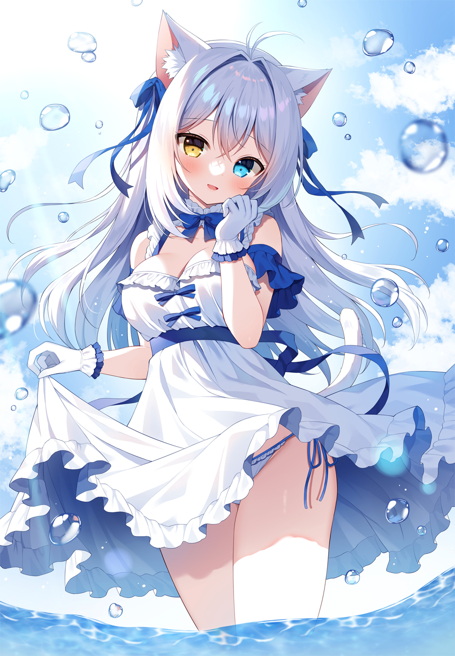 1girl :d aina_rive animal_ear_fluff animal_ears antenna_hair blue_bow blue_eyes blush bow breasts bubble cat_ears cat_girl cat_tail cleavage clothes_lift collar crossed_bangs double-parted_bangs dress dress_lift frilled_collar frilled_dress frilled_gloves frilled_panties frills gloves hair_between_eyes hair_bow hair_intakes head_tilt heterochromia highres holding holding_clothes holding_dress lifted_by_self long_hair looking_at_viewer mauve medium_breasts original panties side-tie_panties smile solo tail thighs underwear wading white_dress white_hair yellow_eyes