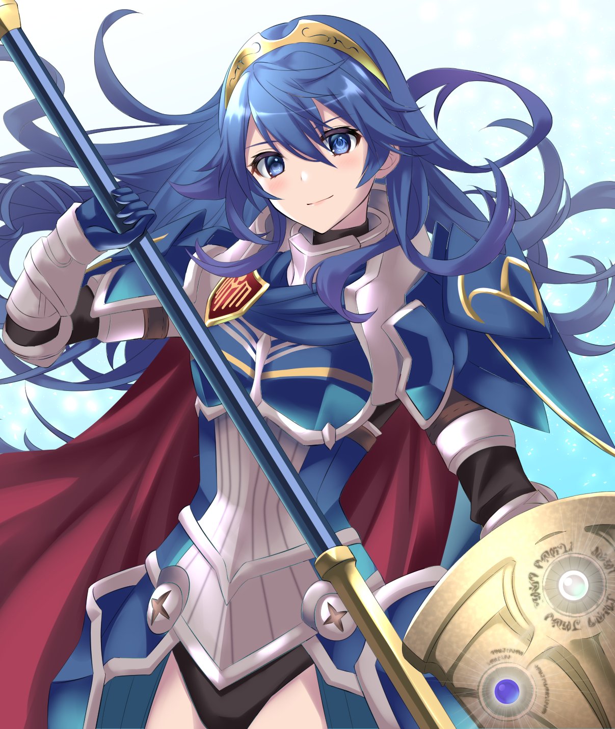 1girl armor blue_eyes blue_hair fire_emblem fire_emblem_awakening fire_emblem_heroes hair_between_eyes highres holding holding_shield holding_weapon kakiko210 long_hair looking_at_viewer lucina_(fate's_resolve)_(fire_emblem) lucina_(fire_emblem) official_alternate_costume shield smile solo symbol_in_eye tiara weapon