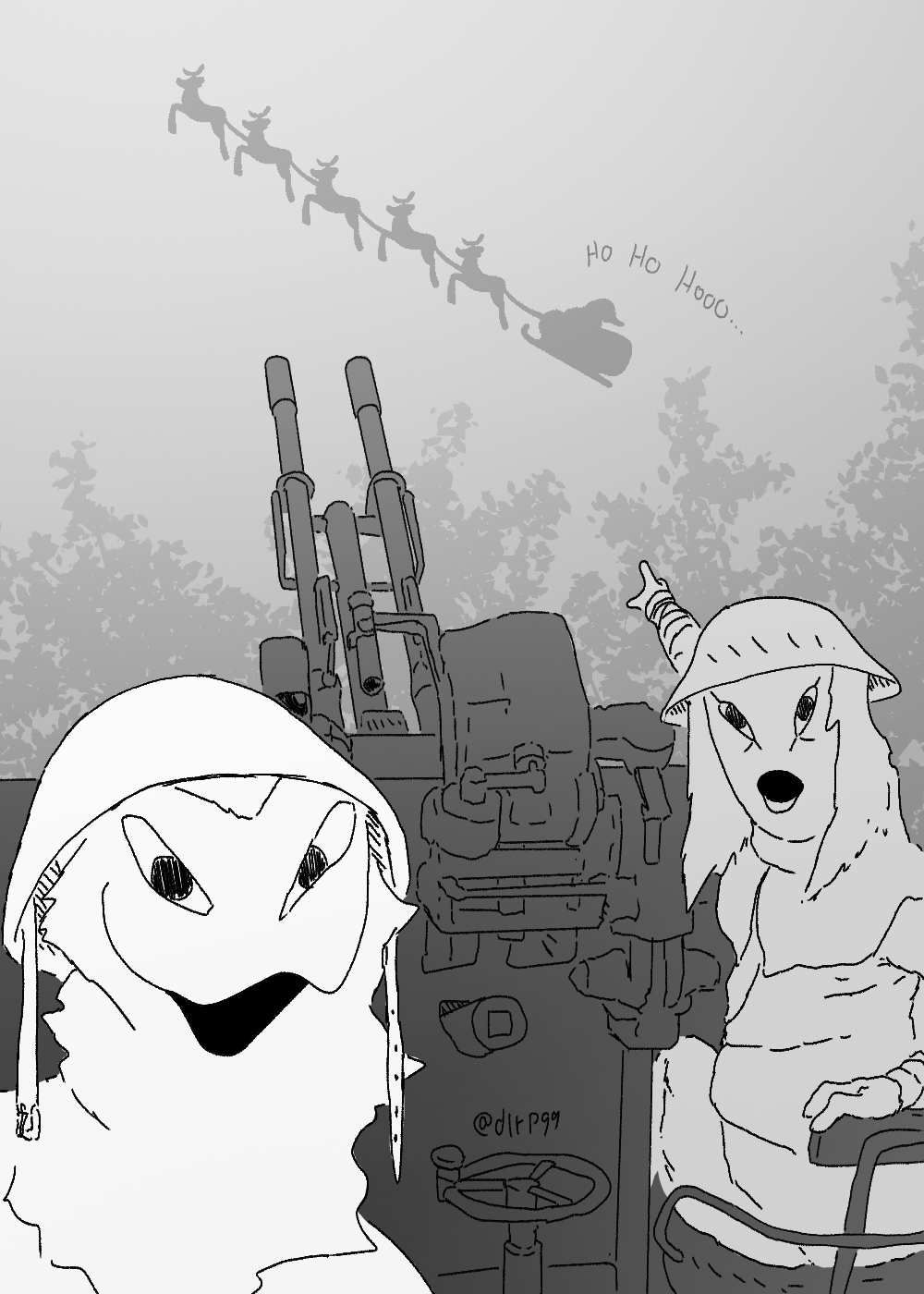anthro armor chrismas christmas dlrp99 duo gesture grajolio greyscale headgear heavy_weapon helmet hi_res holidays humanoid humor meme monochrome oonyka_(dlrp99) open_mouth pointing pointing_at_another ranged_weapon santa_claus smile soldier surprised_expression warrior weapon