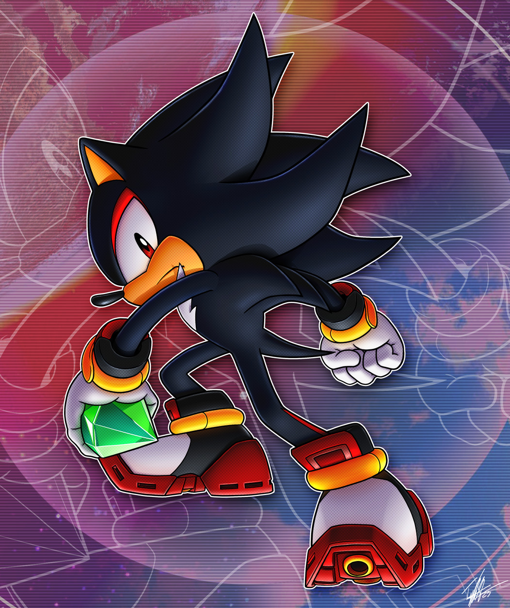 chaos_emerald clenched_hand full_body gem gloves highres holding holding_gem looking_at_viewer male_focus outline red_eyes shadow_the_hedgehog signature solo sonic_(series) sonic_adventure_2 tyler_mcgrath white_fur white_gloves white_outline zoom_layer