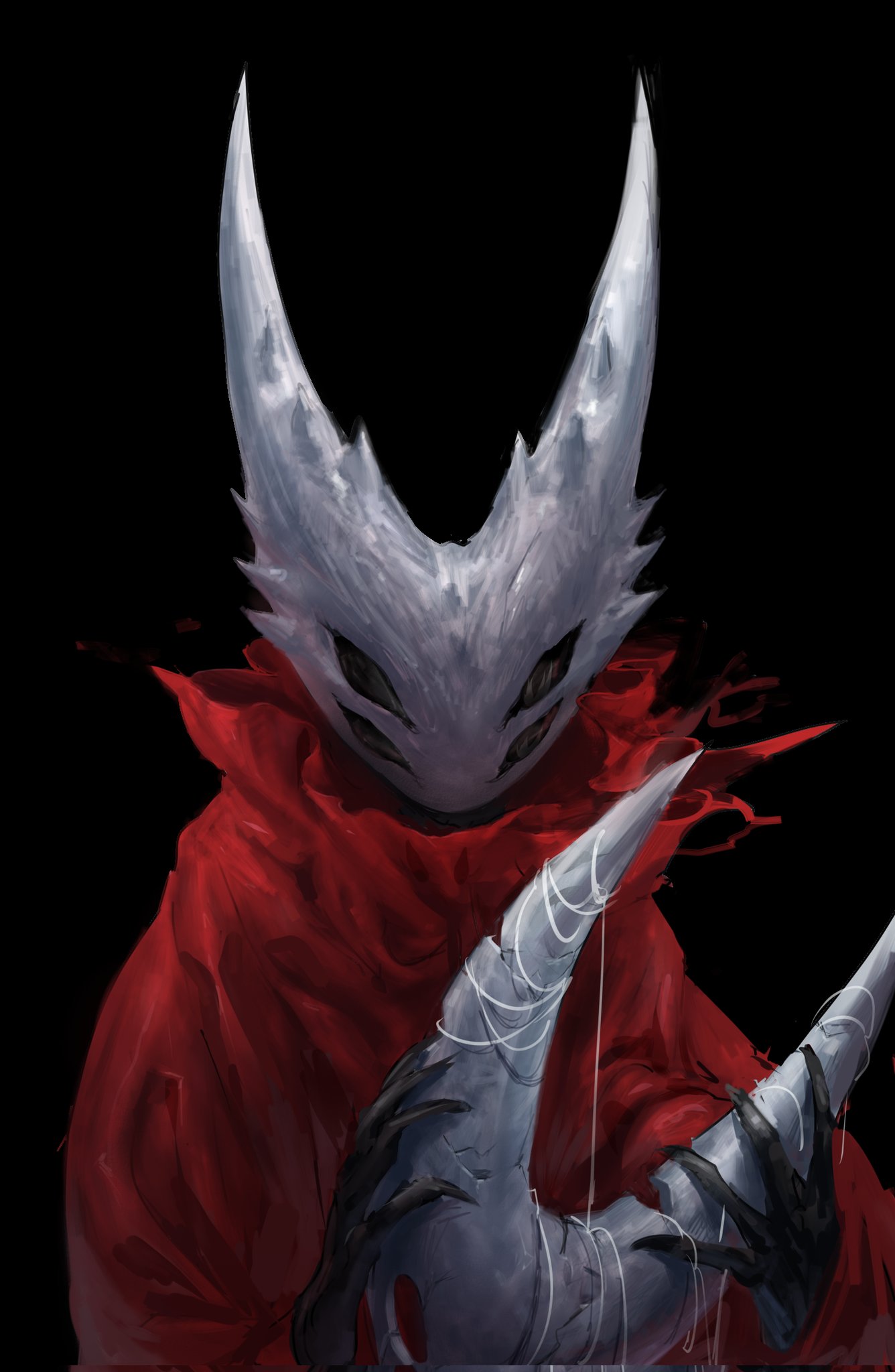 1girl arthropod_girl black_background black_eyes black_skin cloak colored_skin commentary corrupted_twitter_file crack cracked_mask english_commentary extra_eyes highres holding holding_mask hollow_knight hornet_(hollow_knight) horns looking_at_viewer mask no_mouth realistic red_cloak silk simple_background solo straight-on torn_cloak torn_clothes unworn_mask upper_body xiaopizi32439