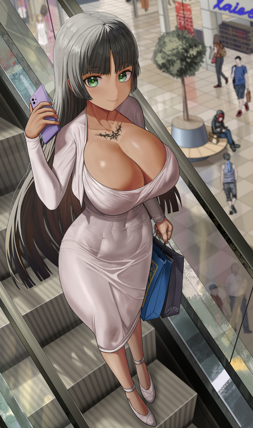 bag black_hair blunt_bangs blunt_ends blurry blurry_background breasts cellphone cleavage closed_mouth collarbone covered_navel dark_skin dongtan_dress dress escalator felicia_castro from_above green_eyes high_heels highres huge_breasts large_breasts long_hair long_sleeves looking_at_viewer mall medium_dress meme_attire phone scoop_neck shopping shopping_bag silvertsuki smartphone smile solo_focus tan tatakau_ataisuru tattoo tight_clothes tight_dress white_dress white_footwear