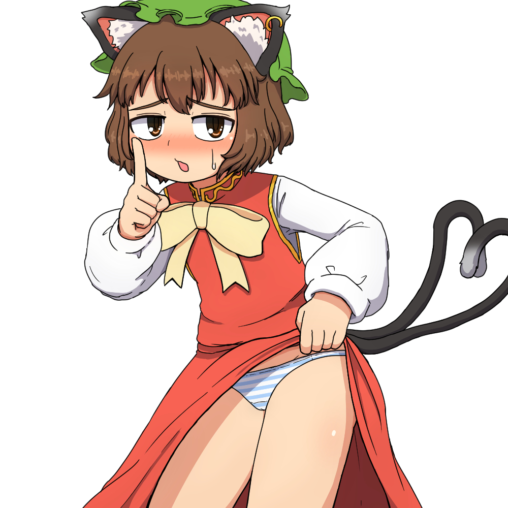 1girl animal_ear_fluff animal_ear_piercing animal_ears animal_hat blush bow bowtie brown_eyes brown_hair cat_ears cat_tail chen clothes_lift commentary dress earrings embarrassed finger_to_mouth flashing green_headwear hat hoop_piercing index_finger_raised jewelry kigan'eiji lifted_by_self long_sleeves mob_cap multiple_tails nekomata open_mouth panties red_skirt red_vest shirt short_hair shushing single_earring skirt skirt_lift skirt_set solo striped striped_panties tail touhou two_tails underwear vest white_shirt yellow_bow yellow_bowtie