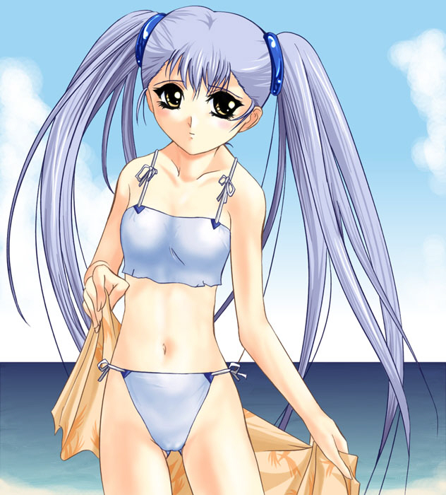 bikini blue_hair day drape flat_chest hoshino_ruri kidou_senkan_nadesico long_hair non-web_source solo swimsuit twintails yellow_eyes