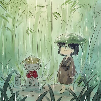 1girl bamboo bamboo_forest barefoot black_hair brown_kimono closed_mouth commentary_request dated_commentary forest hat japanese_clothes jizou kimono leaf leaf_on_head long_sleeves lowres medium_hair nature original outdoors rain rakuni rice_hat solo standing statue unworn_hat unworn_headwear wide_sleeves