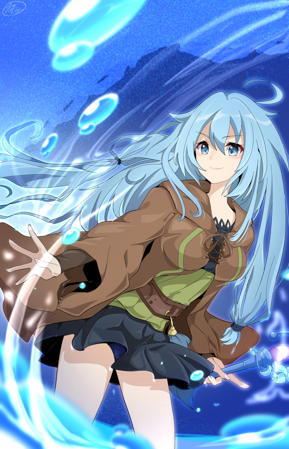 1girl belt blue_eyes blue_hair blue_panties duel_monster eria_(yu-gi-oh!) eria_the_water_charmer highres holding holding_wand long_hair mochi_curry open_clothes open_robe panties panty_peek pleated_skirt ribbed_sweater robe skirt smile solo sweater underwear wand water wide_sleeves yu-gi-oh!