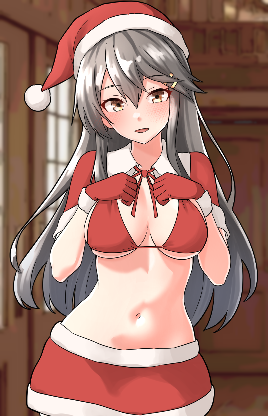 1girl bikini breasts brown_eyes capelet cowboy_shot fur-trimmed_capelet fur-trimmed_gloves fur-trimmed_headwear fur-trimmed_skirt fur_trim furaggu_(frag_0416) gloves grey_hair hair_between_eyes haruna_(kancolle) hat highres kantai_collection large_breasts long_hair miniskirt navel red_bikini red_capelet red_gloves red_headwear red_skirt santa_costume santa_hat skirt solo standing swimsuit very_long_hair