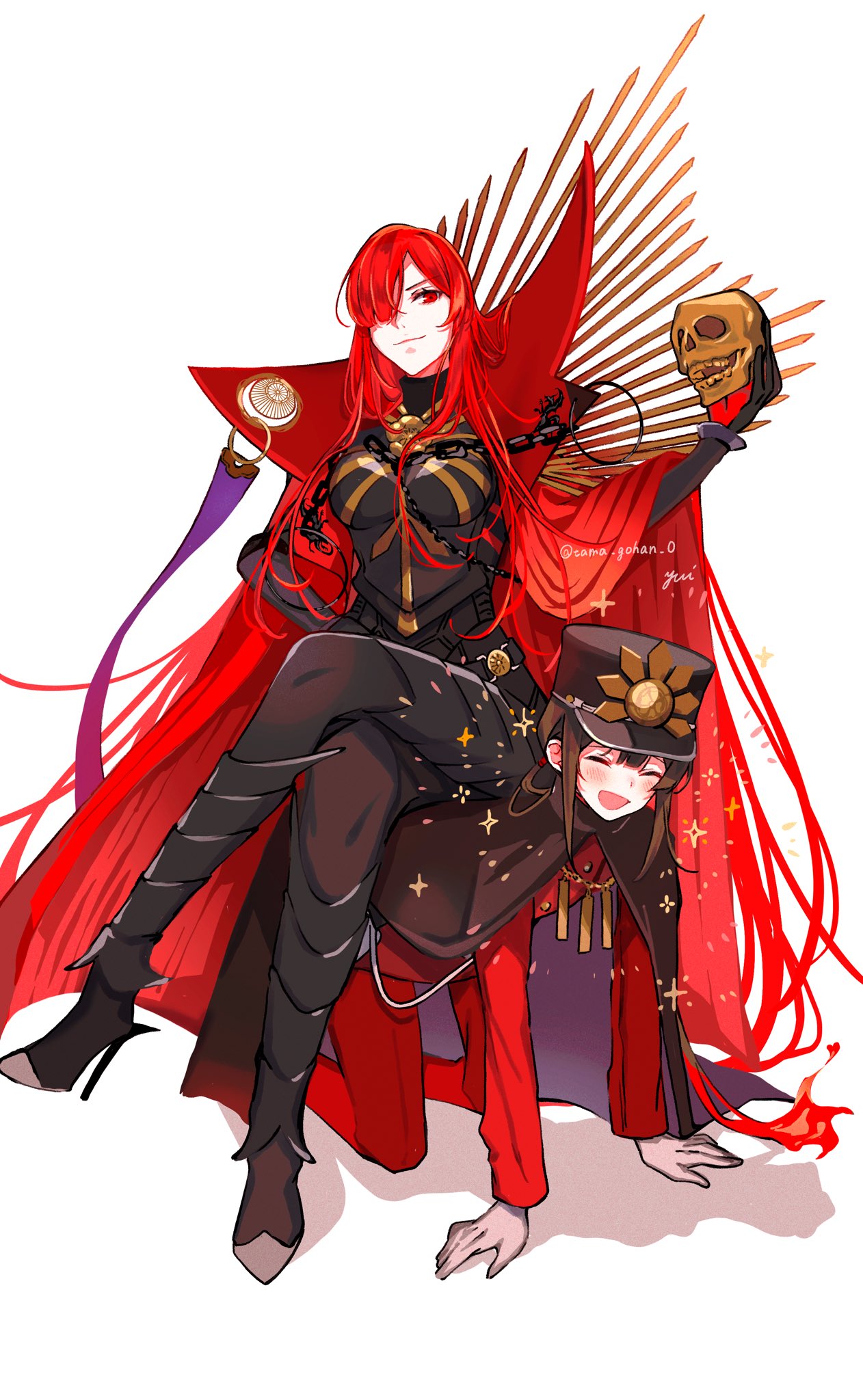 1boy 1girl all_fours black_hair brother_and_sister cape crossed_legs fate/grand_order fate_(series) fiery_hair hair_over_one_eye hat high_heels highres human_chair human_furniture long_hair oda_nobukatsu_(fate) oda_nobunaga_(fate) oda_nobunaga_(maou_avenger)_(fate) red_cape red_eyes red_hair siblings sitting sitting_on_person skull smile twitter_username very_long_hair yui_(tamagohan)