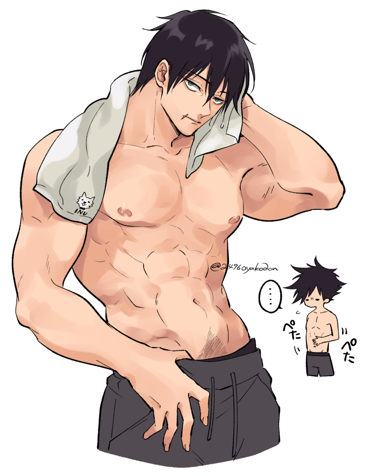 ... 2496oyakodon 2boys abs bara black_hair black_male_underwear closed_mouth cropped_legs drying drying_hair father_and_son finger_under_clothes fushiguro_megumi fushiguro_touji green_eyes grey_pants hand_on_own_stomach jujutsu_kaisen large_pectorals looking_at_viewer male_focus male_underwear male_underwear_peek mature_male multiple_boys muscular muscular_male navel navel_hair nipples pants pectorals scar scar_on_face scar_on_mouth short_hair simple_background speech_bubble spoken_ellipsis sweatpants topless_male towel towel_around_neck underwear wet wet_hair white_background white_towel