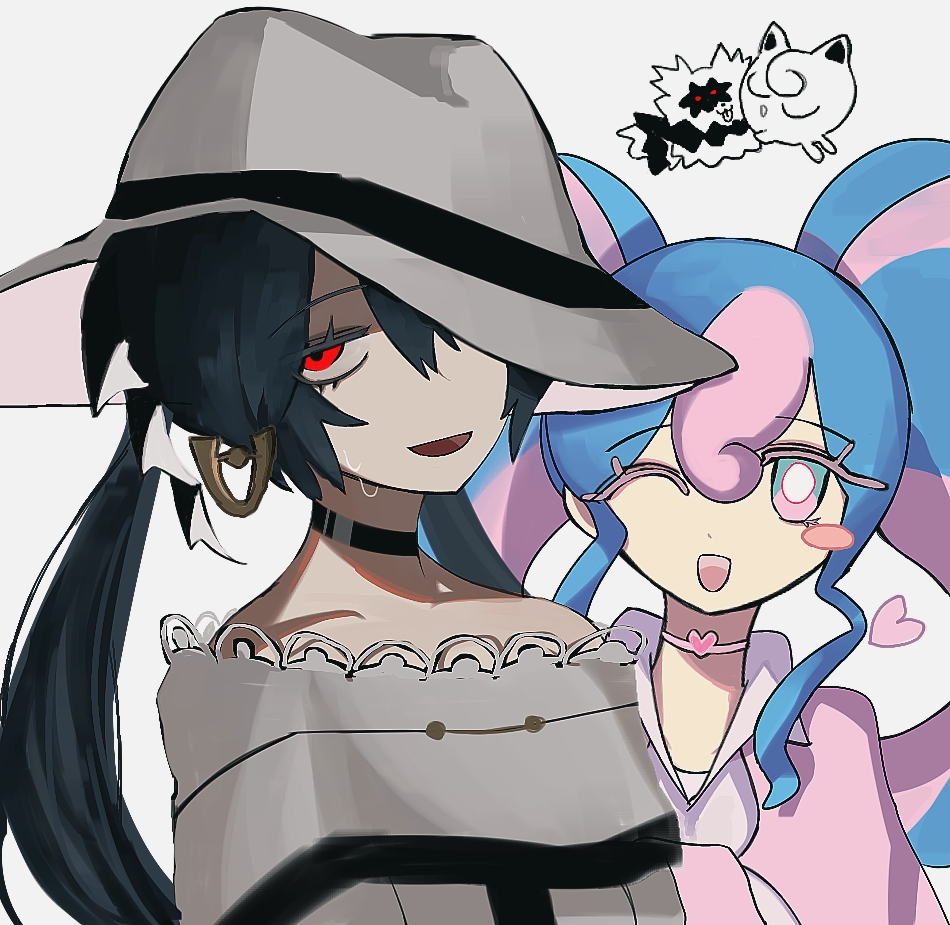 2girls bare_shoulders black_choker blue_eyes blue_hair blush blush_stickers bright_pupils choker collared_shirt colored_eyelashes commentary dark_miku_(project_voltage) dress dual_persona earrings english_commentary fairy_miku_(project_voltage) fedora galarian_zigzagoon gitgazi grey_background grey_dress grey_headwear hair_between_eyes half-closed_eyes happy hat hatsune_miku heart heart_choker jewelry jigglypuff long_hair looking_at_viewer multicolored_eyes multicolored_hair multiple_girls off-shoulder_dress off_shoulder one_eye_closed open_mouth pink_choker pink_eyes pink_hair pink_shirt pokemon pokemon_(creature) project_voltage red_eyes shirt sidelocks simple_background smile standing sweat twintails two-tone_hair upper_body vocaloid white_pupils