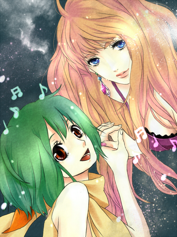 bad_id bad_pixiv_id beamed_sixteenth_notes blue_eyes earrings eighth_note green_hair holding_hands jewelry long_hair macross macross_frontier miura multicolored_hair multiple_girls musical_note quarter_note ranka_lee red_eyes sheryl_nome short_hair two-tone_hair