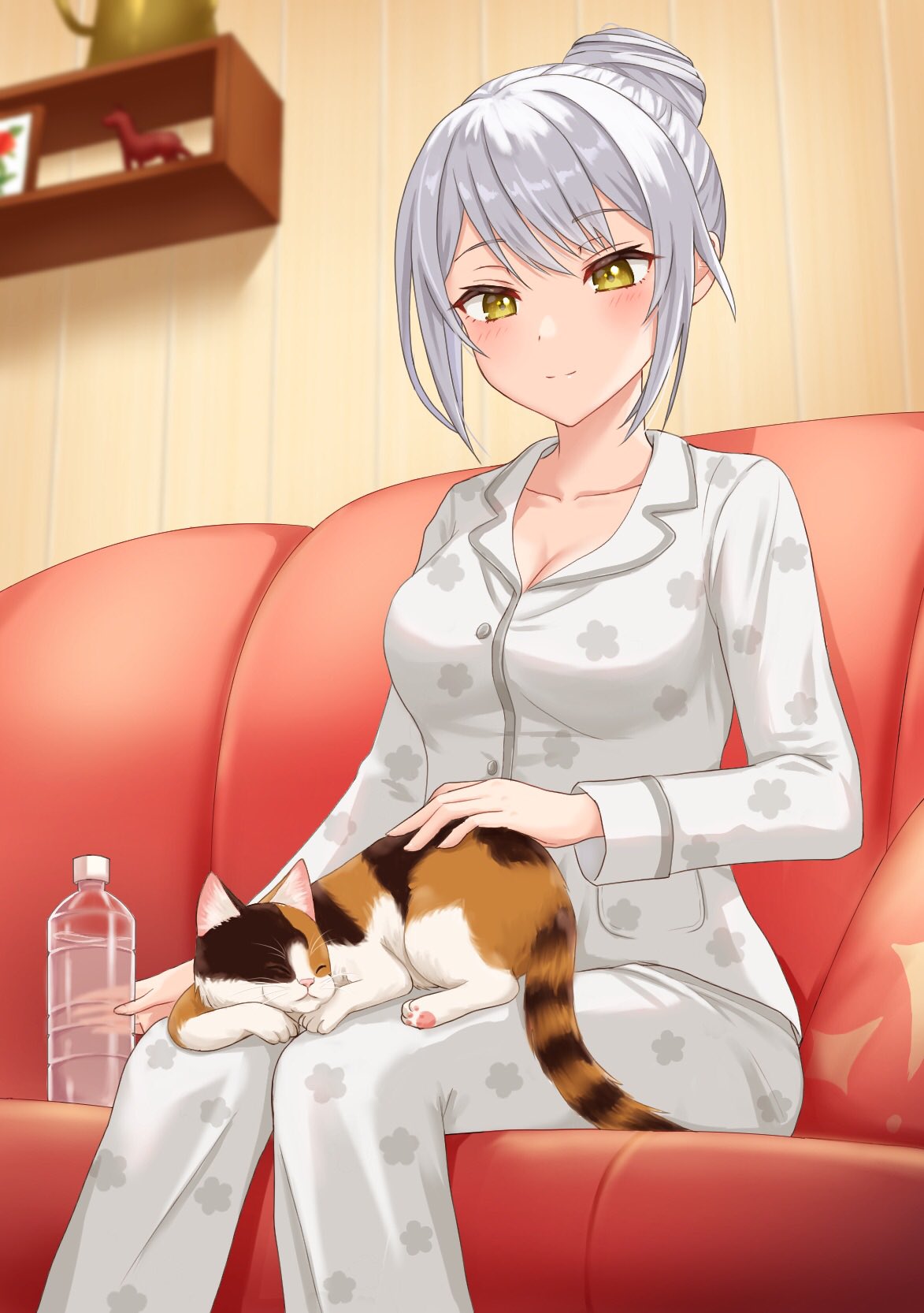 1girl blush bottle breasts calico cat cleavage closed_mouth commentary_request commission coughing drink floral_print grey_hair hair_bun highres holding holding_bottle holding_drink indoors medium_breasts original pajamas pants single_hair_bun sitting skeb_commission sleeping solo umeshiba_(eleventhdolls) water_bottle white_pajamas white_pants yellow_eyes