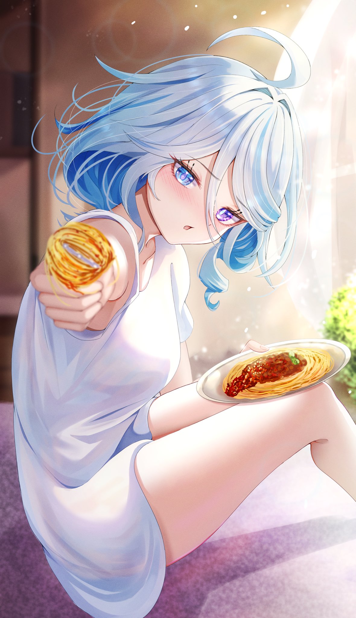 1girl ahoge alternate_costume blue_eyes blue_hair blush cowboy_shot food fork from_side furina_(genshin_impact) genshin_impact hair_between_eyes heterochromia highres holding holding_fork holding_plate indoors legs looking_at_viewer multicolored_hair open_mouth pasta penguintake plate shadow shirt short_hair short_sleeves sidelocks sitting solo spaghetti streaked_hair sunlight two-tone_hair white_shirt window_shade
