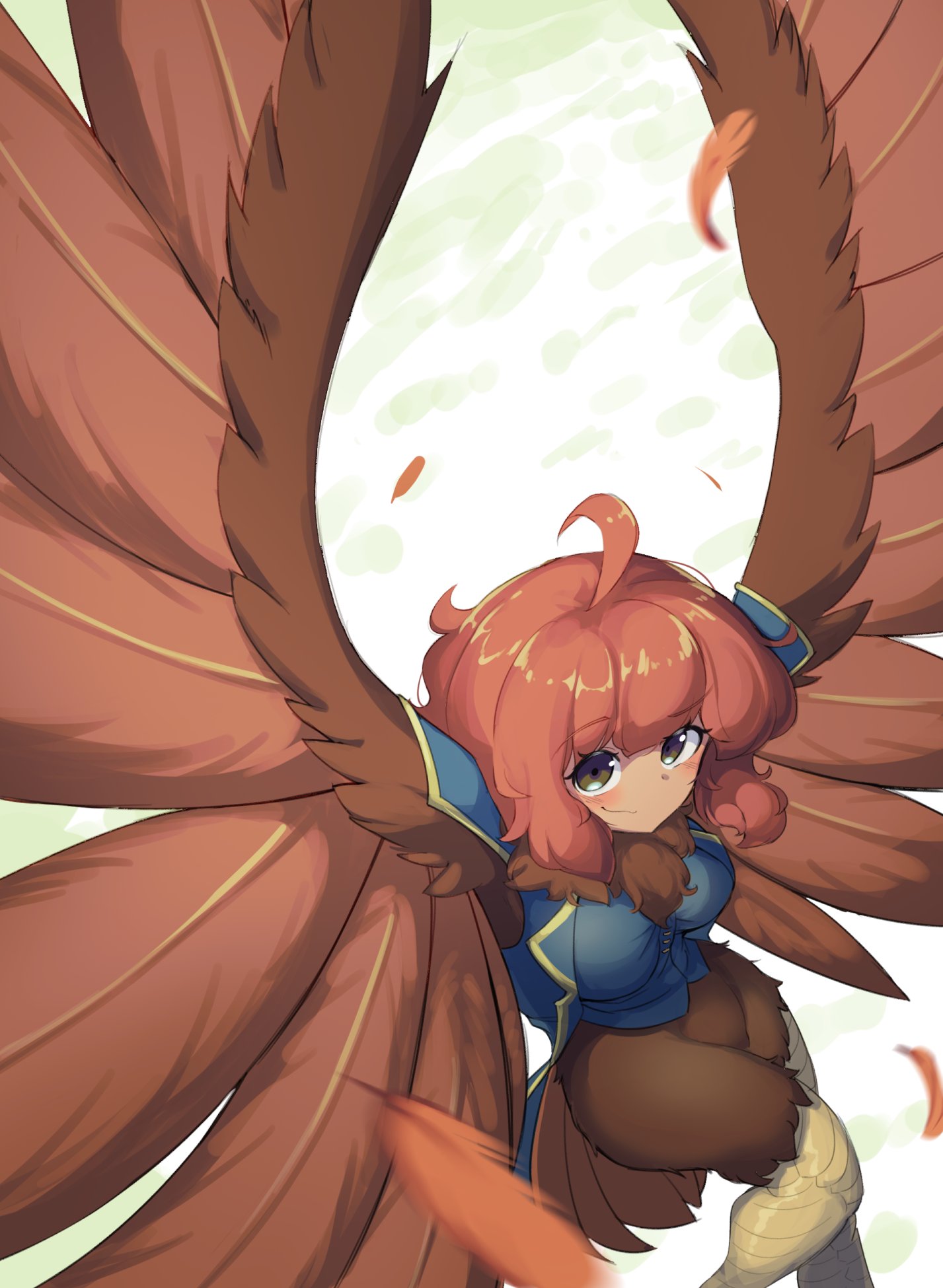 1girl ahoge bird_legs bird_tail blue_jacket blush breasts brown_eyes brown_feathers brown_wings commentary commission english_commentary feathered_wings feathers fluffy_hair harpy highres jacket looking_at_viewer medium_breasts medium_hair monster_girl neck_fur orange_hair original sifserf smile solo tail tan white_background winged_arms wings