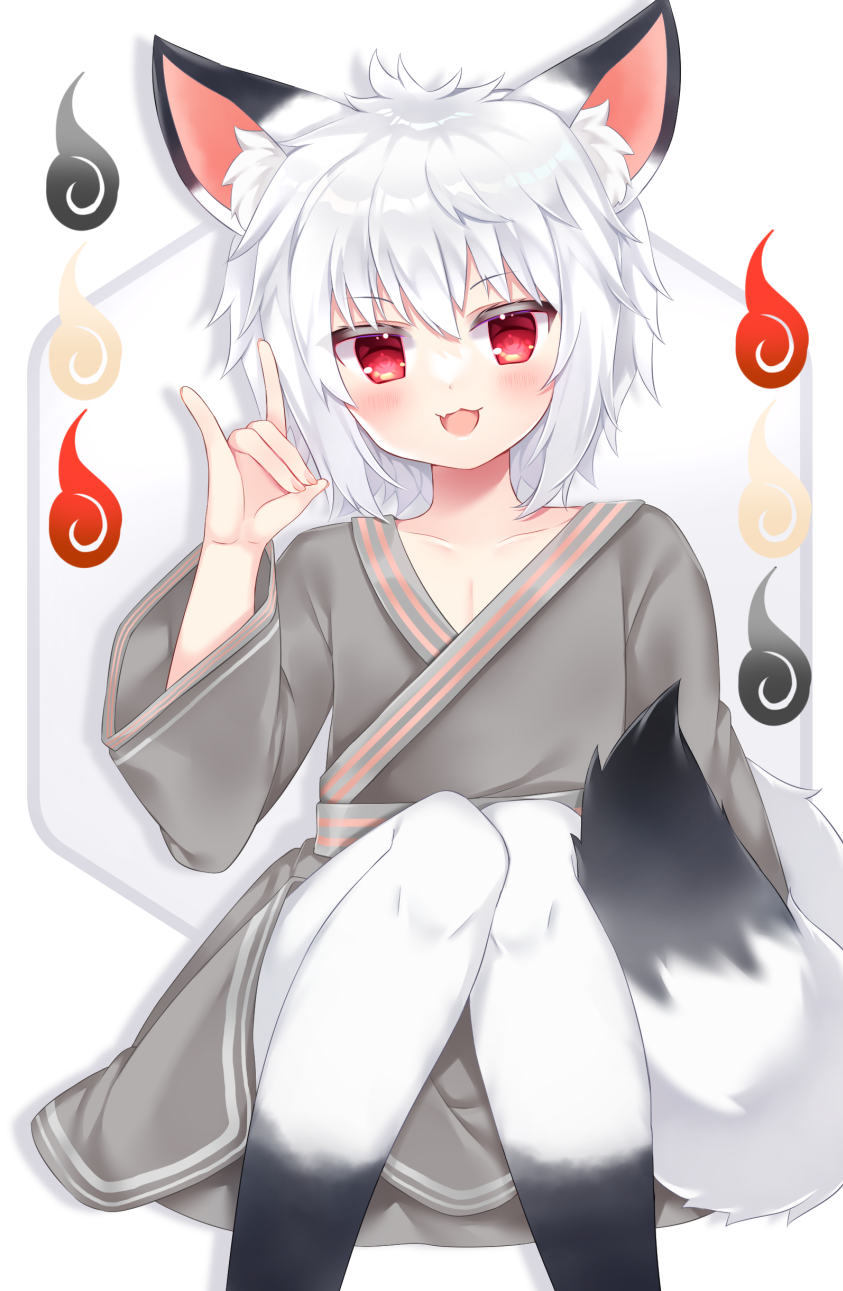 :d animal_ear_fluff animal_ears collarbone commission copyright_request fang feet_out_of_frame fox_shadow_puppet grey_hair grey_kimono hair_between_eyes hand_up highres japanese_clothes kimono knees_together_feet_apart long_sleeves looking_at_viewer red_eyes shikito sitting skeb_commission smile tail white_background wide_sleeves