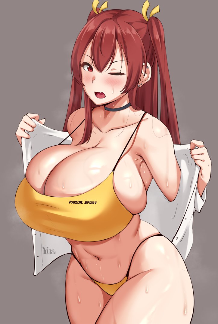 1girl armpits breasts cleavage collarbone ear_piercing earrings english_commentary fang fukuda_reika grey_background hair_between_eyes hair_ribbon huge_breasts jewelry long_hair navel one_eye_closed open_mouth original piercing red_eyes red_hair ribbon shiny_skin shirt simple_background skindentation solo sports_bikini standing steaming_body sweat thighs twintails unbuttoned unbuttoned_shirt undersized_clothes undressing white_shirt yellow_ribbon yua_(argaoffroad)