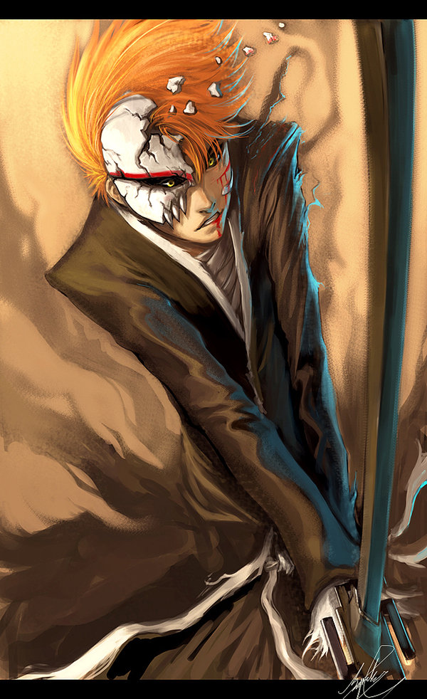 artist_request bankai bleach blood kurosaki_ichigo male_focus orange_hair skull solo sword tensa_zangetsu_(bankai) weapon yellow_eyes
