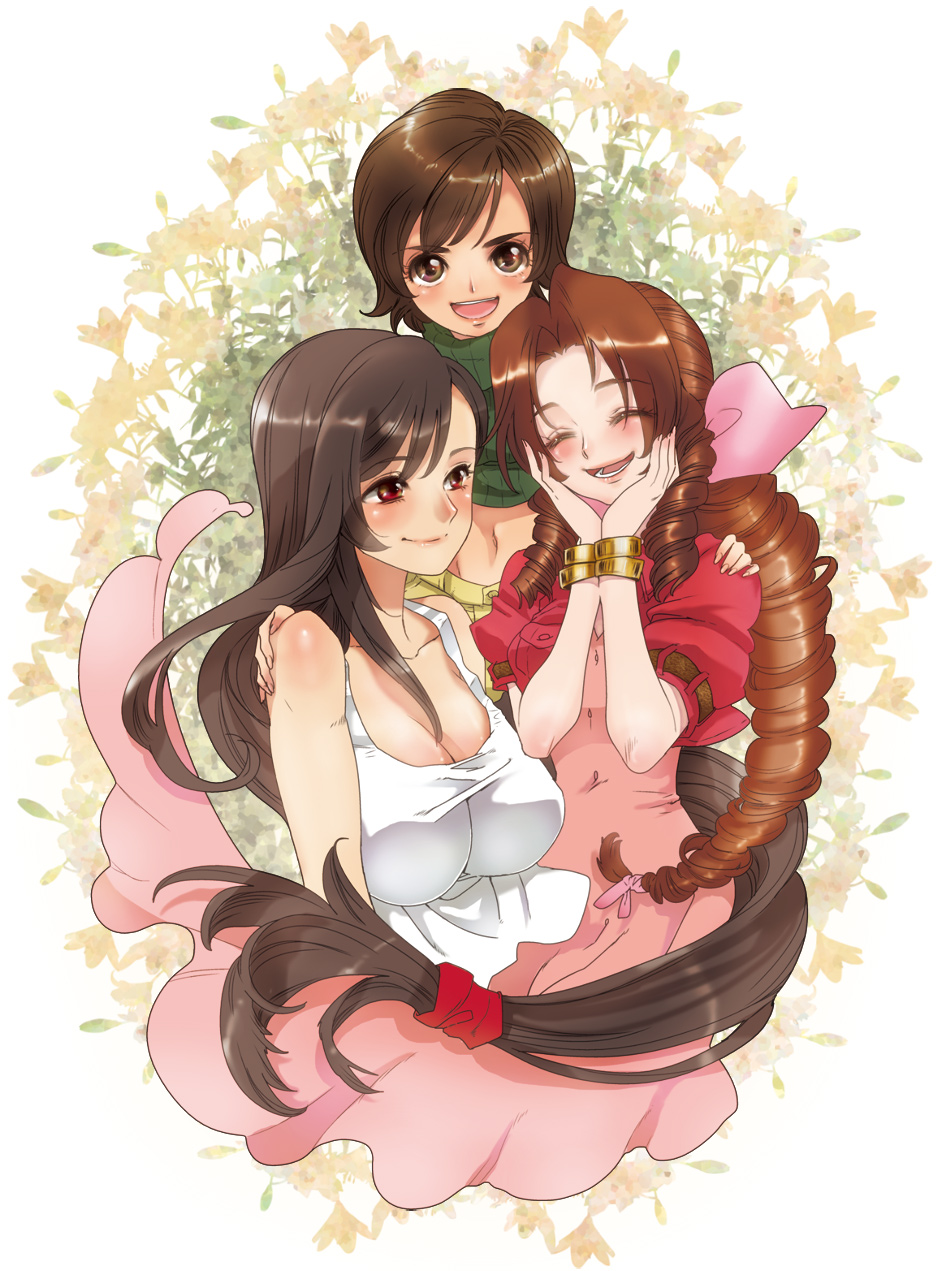 3girls aerith_gainsborough artist_request black_hair bracelet breasts brown_eyes brown_hair cleavage closed_eyes dress drill_hair final_fantasy final_fantasy_vii flower hair_ornament hair_ribbon hair_scrunchie hand_on_another's_shoulder hands_on_own_face happy highres jewelry large_breasts long_hair looking_at_another looking_at_viewer lower_teeth_only midriff multiple_girls navel open_mouth red_eyes ribbon scrunchie shirt short_hair simple_background smile t-shirt teeth tifa_lockhart upper_body upper_teeth_only very_long_hair yuffie_kisaragi yuri
