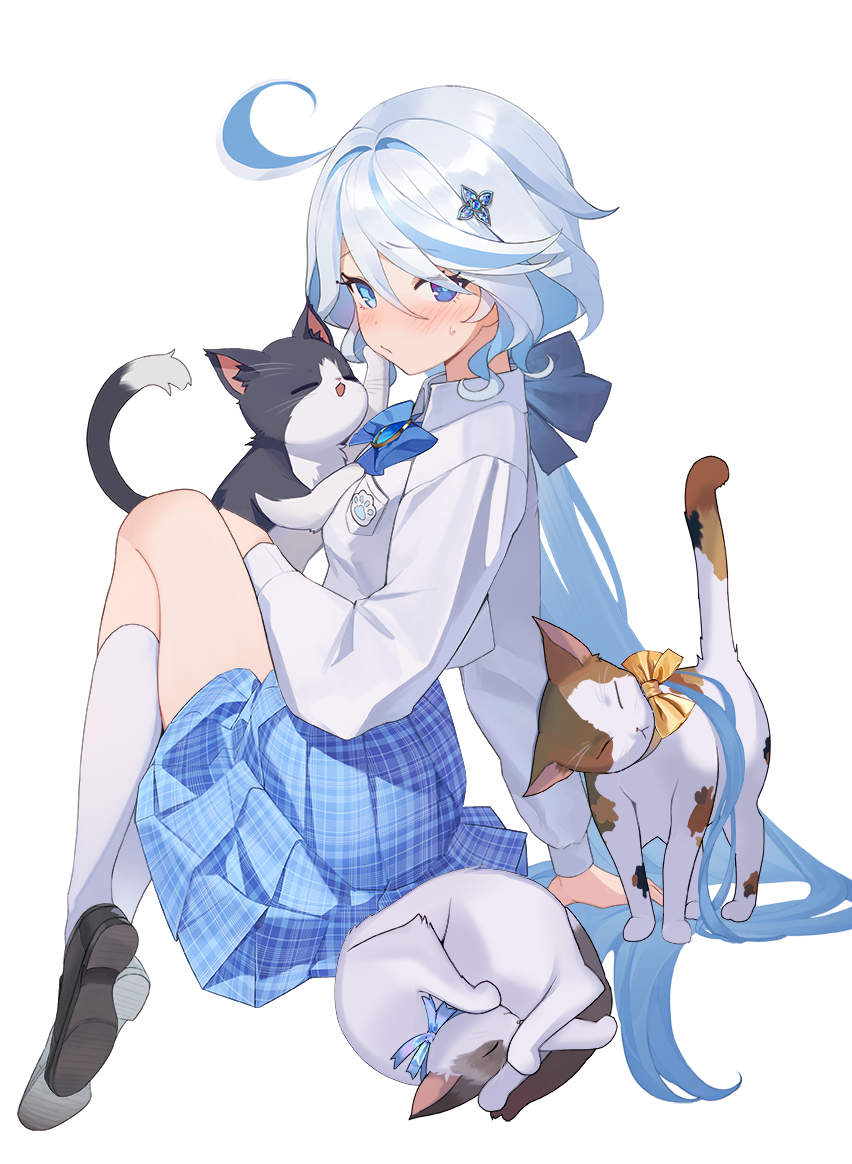 1girl ahoge alternate_costume black_footwear blue_bow blue_bowtie blue_brooch blue_eyes blue_hair blue_skirt blush bow bowtie cat closed_mouth commentary full_body furina_(genshin_impact) furrowed_brow genshin_impact hair_between_eyes hair_ornament hairclip heterochromia light_blue_hair long_hair long_sleeves looking_at_viewer multicolored_hair multiple_cats shirt sidelocks simple_background sitting skirt socks solo streaked_hair striped striped_skirt sweatdrop two-tone_hair white_background white_shirt white_socks zero_pi