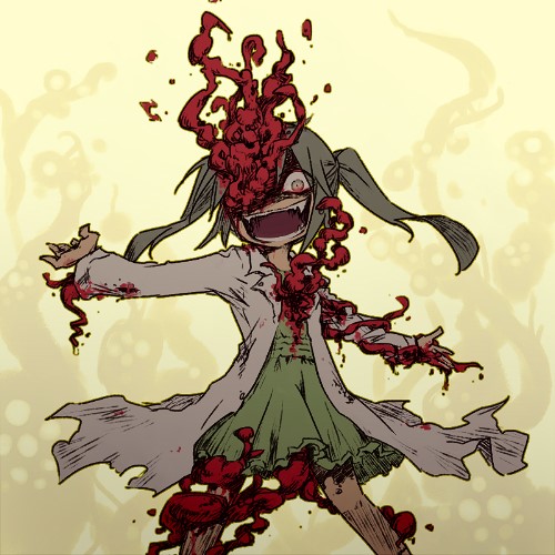 1girl :d blood blood_on_clothes coat commentary_request constricted_pupils crazy_eyes dated_commentary dress fangs feet_out_of_frame flesh frilled_dress frills green_dress grey_hair lab_coat legs_apart long_hair long_sleeves looking_at_viewer lowres open_clothes open_coat open_mouth original outstretched_arms rakuni side_ponytail smile solo tentacles yellow_background