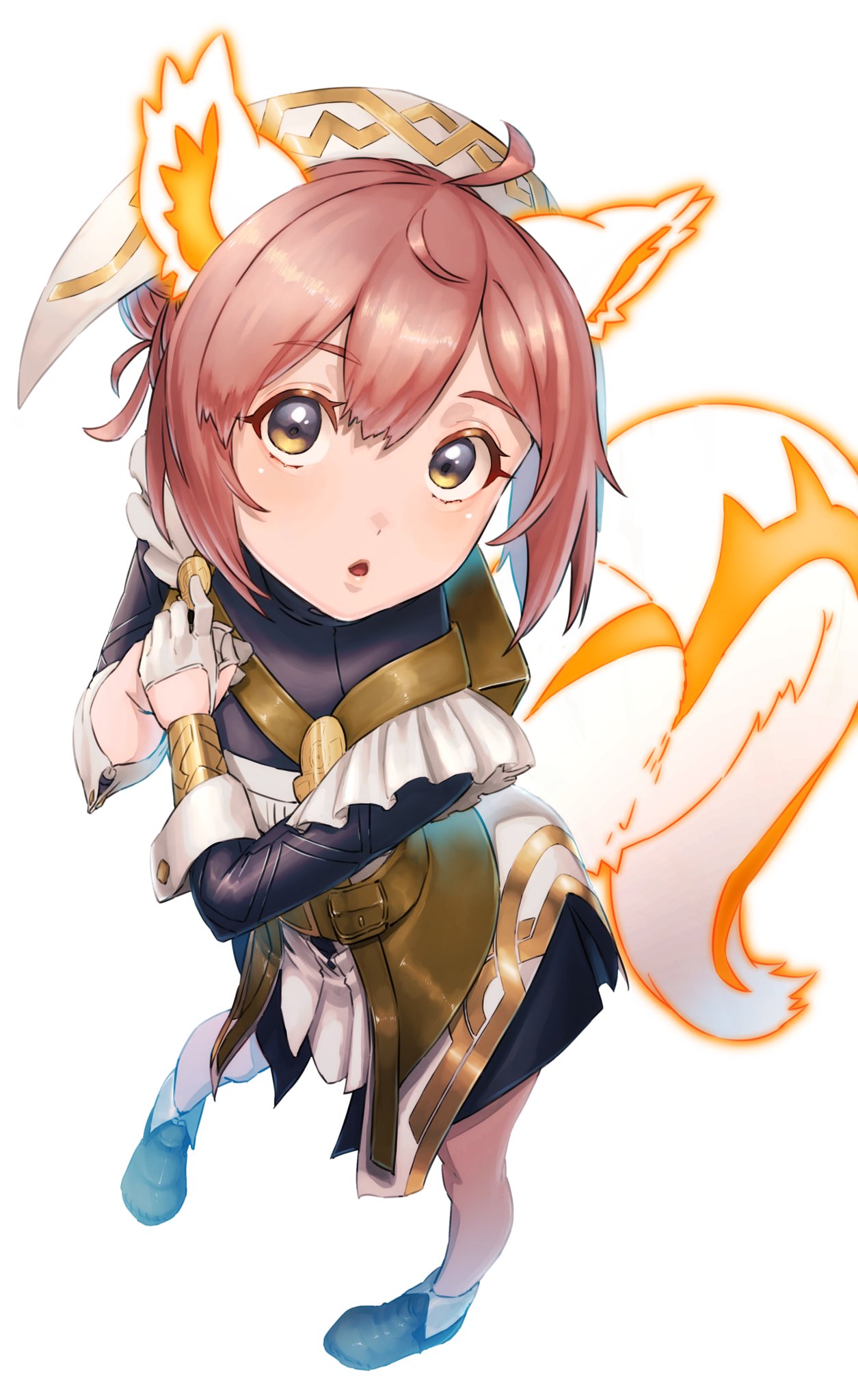 1girl aduti_momoyama animal_ears ankle_boots apron boots brown_hair cowlick fire_emblem fire_emblem_heroes frilled_apron frills glowing_ears glowing_tail gold_trim highres leather_belt maid_headdress ratatoskr_(fire_emblem) squirrel_ears squirrel_girl squirrel_tail tail white_wrist_cuffs