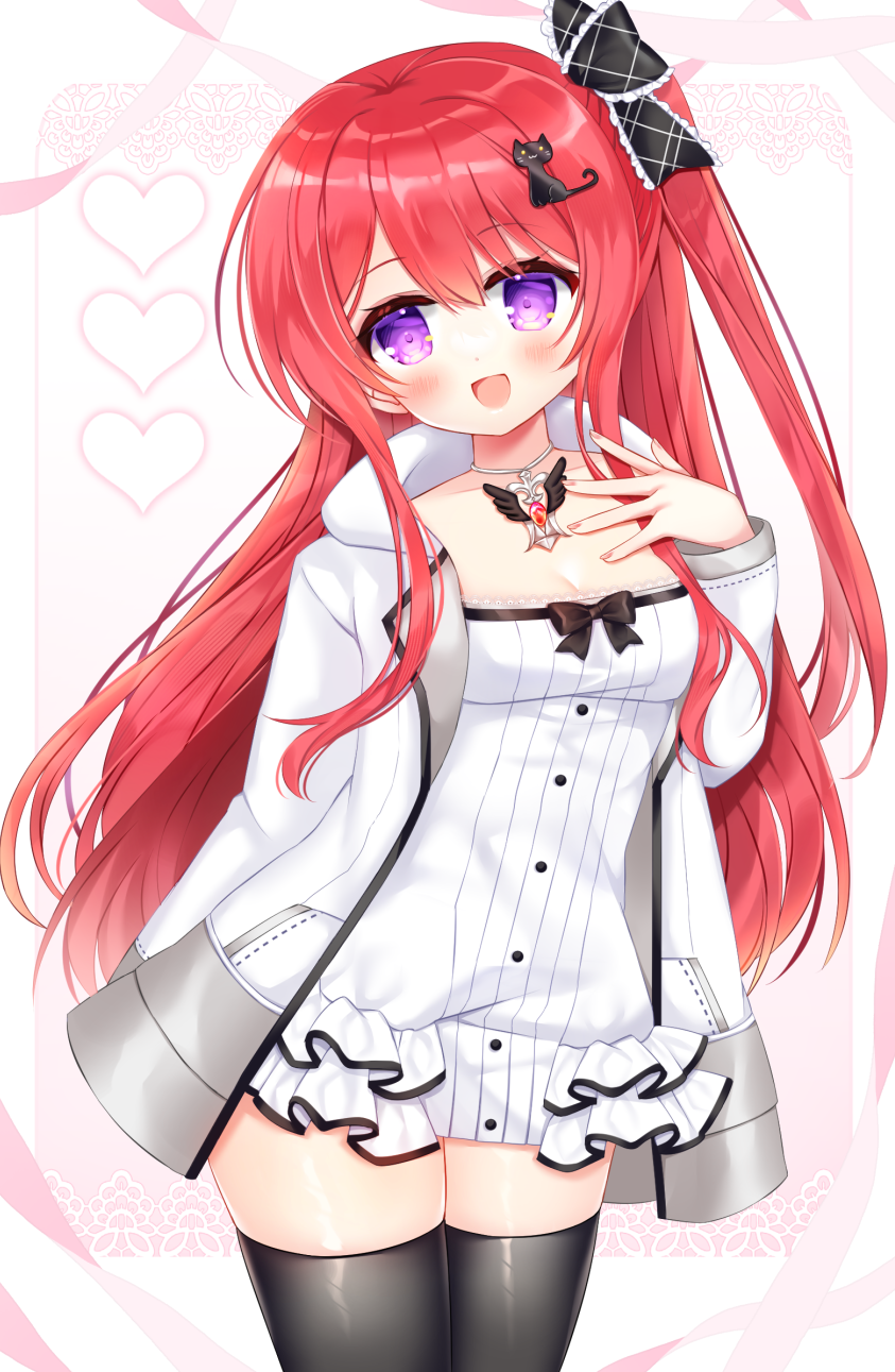 1girl :d black_bow black_thighhighs blush bow breasts cat_hair_ornament cleavage collarbone commission copyright_request dress hair_between_eyes hair_bow hair_ornament hand_up head_tilt heart highres jacket long_hair long_sleeves looking_at_viewer one_side_up open_clothes open_jacket purple_eyes red_hair shikito skeb_commission skindentation small_breasts smile solo thighhighs very_long_hair white_background white_dress white_jacket