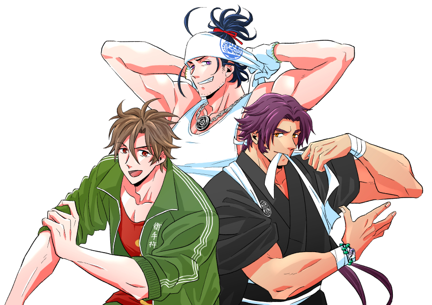 3boys bara beard_stubble biceps commentary_request gloves green_jacket headband jacket japanese_clothes jewelry keity looking_at_viewer male_focus multiple_boys necklace nihongou_(touken_ranbu) otegine ponytail red_shirt rolling_sleeves_up shirt sleeves_rolled_up smile tank_top tonbokiri_(touken_ranbu) touken_ranbu white_background white_gloves white_headband white_tank_top