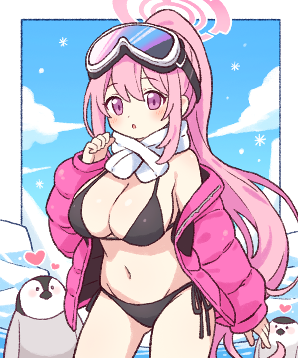 1girl :o bikini bird black_bikini blue_archive blue_sky blush breasts cloud cloudy_sky coat commentary cowboy_shot dot_nose eimi_(blue_archive) eimi_(swimsuit)_(blue_archive) goggles goggles_on_head halo heart high_ponytail large_breasts legs_apart long_hair looking_at_viewer onyhakase open_mouth outdoors outline penguin pink_coat pink_hair purple_eyes scarf side-tie_bikini_bottom sky snowing solo standing straight_hair swimsuit very_long_hair white_scarf winter winter_clothes winter_coat