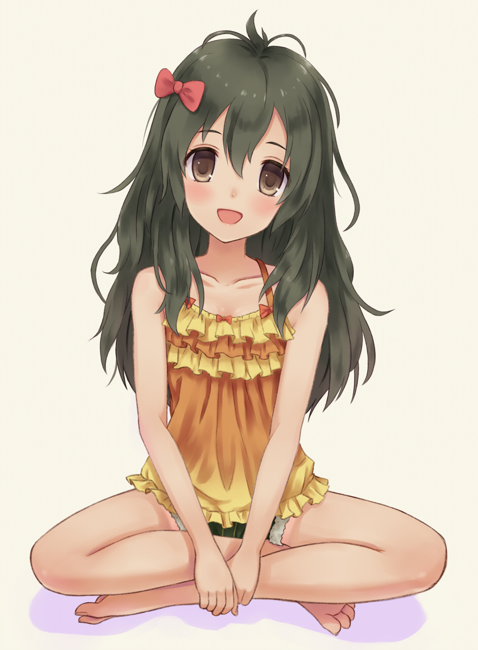 :d atelier_(series) atelier_ayesha banned_artist barefoot black_hair blush brown_eyes hair_ribbon hands_on_feet happy head_tilt highres indian_style legs long_hair long_legs n.g. open_mouth orange_shirt ribbon shirt shorts sitting smile solo tanya_volta