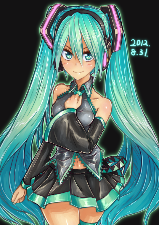 2012 black_background blush breasts dated detached_sleeves green_eyes green_hair hatsune_miku headphones long_hair ros simple_background skirt small_breasts smile solo twintails very_long_hair vocaloid