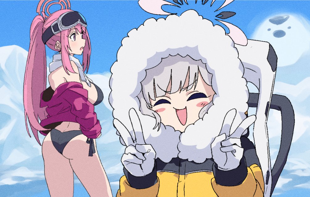 2girls bikini black_bikini blue_archive breasts closed_eyes cropped_jacket day double_v eimi_(blue_archive) eimi_(swimsuit)_(blue_archive) gloves halo himari_(blue_archive) large_breasts long_hair long_sleeves looking_at_viewer momomatang multiple_girls on_chair open_mouth outdoors parka pink_hair pink_halo purple_eyes smile snow standing swimsuit v wheelchair white_gloves white_hair white_halo