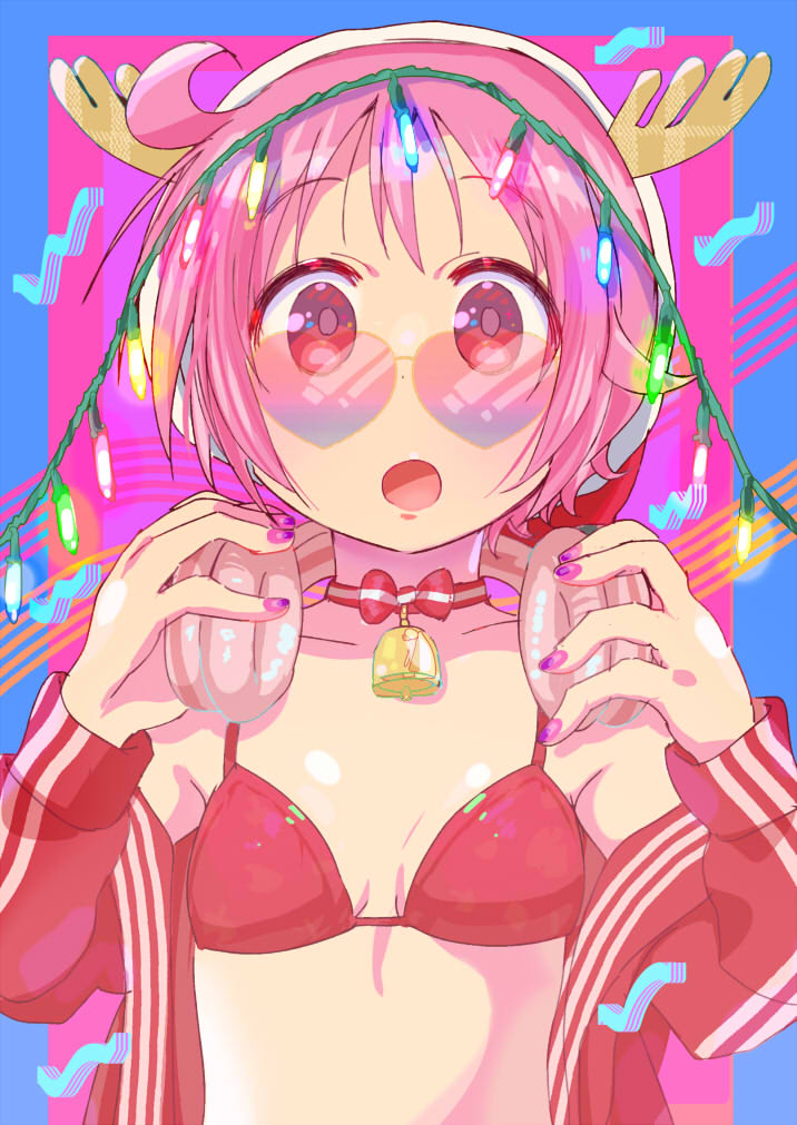 1girl alternate_costume bell bikini breasts christmas_lights collarbone headphones headphones_around_neck heart heart-shaped_eyewear jacket long_sleeves looking_at_viewer neck_bell nonohara_yuzuko open_mouth pink-tinted_eyewear pink_eyes pink_hair purple_nails red_bikini red_jacket short_hair small_breasts solo sunglasses swimsuit tatsunokosso tinted_eyewear upper_body yellow-framed_eyewear yuyushiki