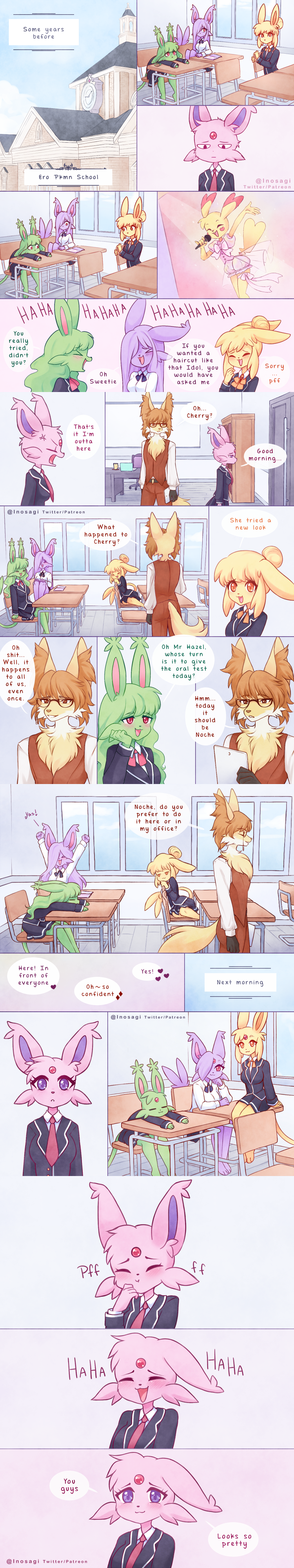 absurd_res anthro cherry_(inosagi) clothing comic delphox dialogue eevee eeveelution female game_freak generation_1_pokemon generation_6_pokemon green_hair hair hazel_(inosagi) herm hi_res inosagi intersex leaf_(inosagi) long_image male nintendo noche_(inosagi) pink_body pokemon pokemon_(species) purple_body school_uniform sunny_(inosagi) tall_image uniform yellow_body