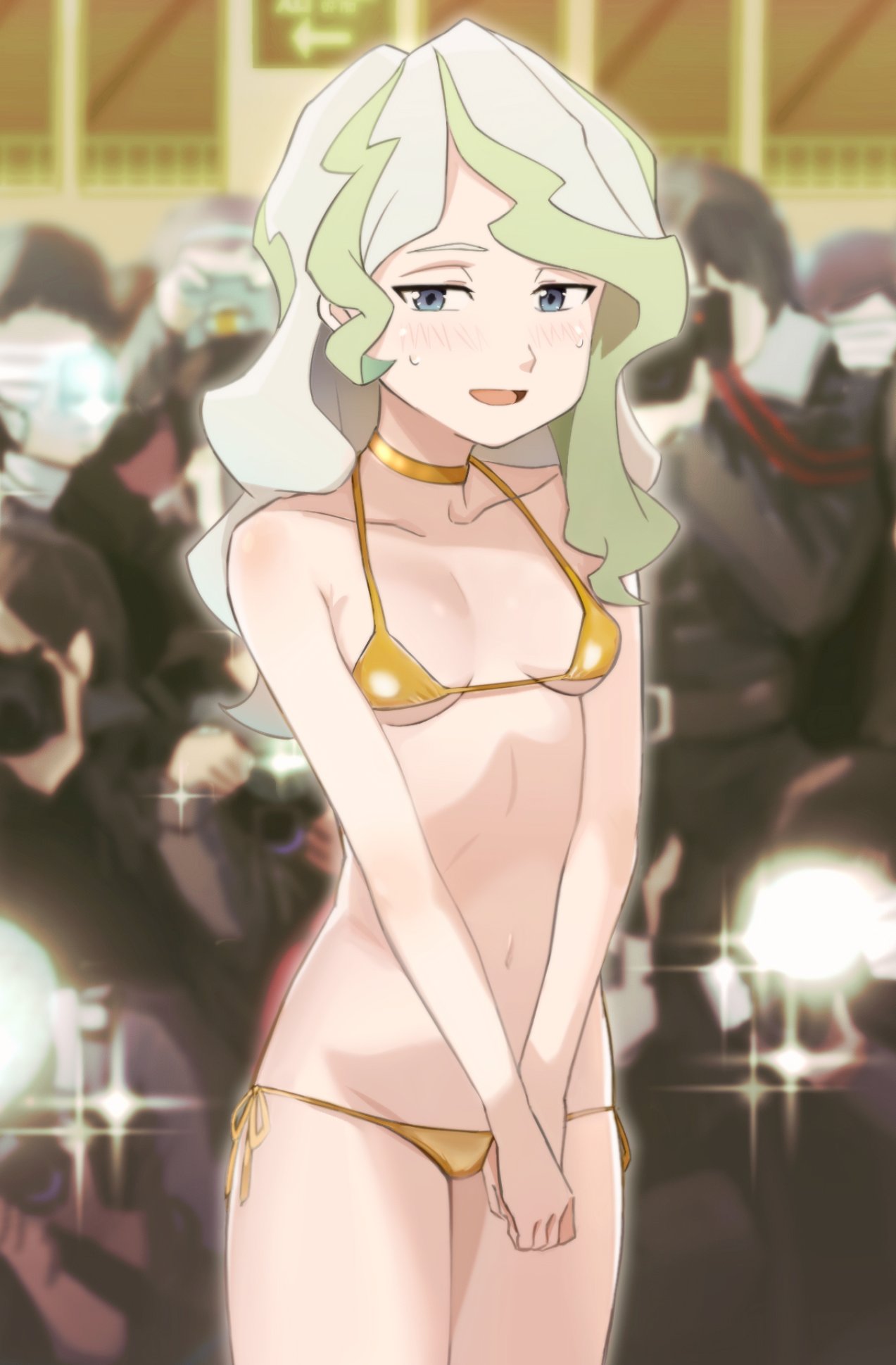 1girl 90millimetri bikini blue_eyes breasts camera choker diana_cavendish gold_bikini gold_choker green_hair highres holding holding_camera little_witch_academia multicolored_hair navel people side-tie_bikini_bottom small_breasts solo_focus sweat swimsuit taking_picture underboob v_arms