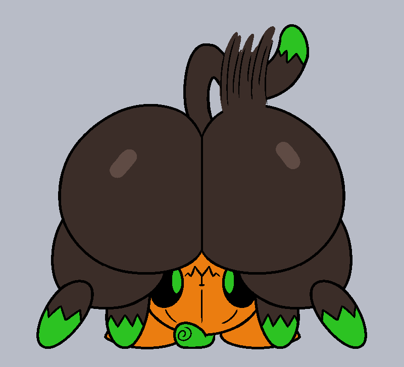 2023 big_butt brown_body butt domestic_cat felid feline felis feral food food_creature fruit glistening glistening_body green_eyes green_paws green_tail_tip grey_background huge_butt looking_at_viewer male mammal plant pumkat pumpkin pumpkin_head simple_background slem smile solo tail