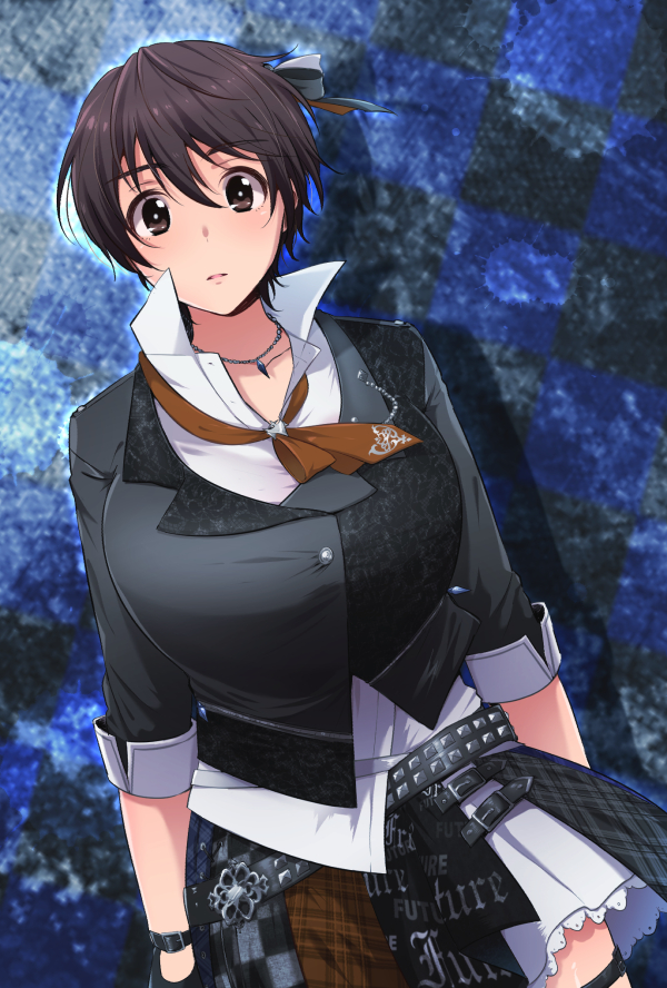 1girl belt black_belt black_jacket black_ribbon bow breasts brown_eyes brown_hair brown_necktie checkered_background closed_mouth collarbone cowboy_shot dutch_angle hair_bow hair_ribbon idolmaster idolmaster_cinderella_girls idolmaster_cinderella_girls_starlight_stage jacket james_(jms-pnt) jewelry lace-trimmed_skirt lace_trim large_breasts long_sleeves looking_at_viewer multicolored_clothes multicolored_skirt necklace necktie oikawa_shizuku ribbon shirt short_hair skirt solo standing studded_belt thigh_strap two-tone_background white_shirt wrist_belt