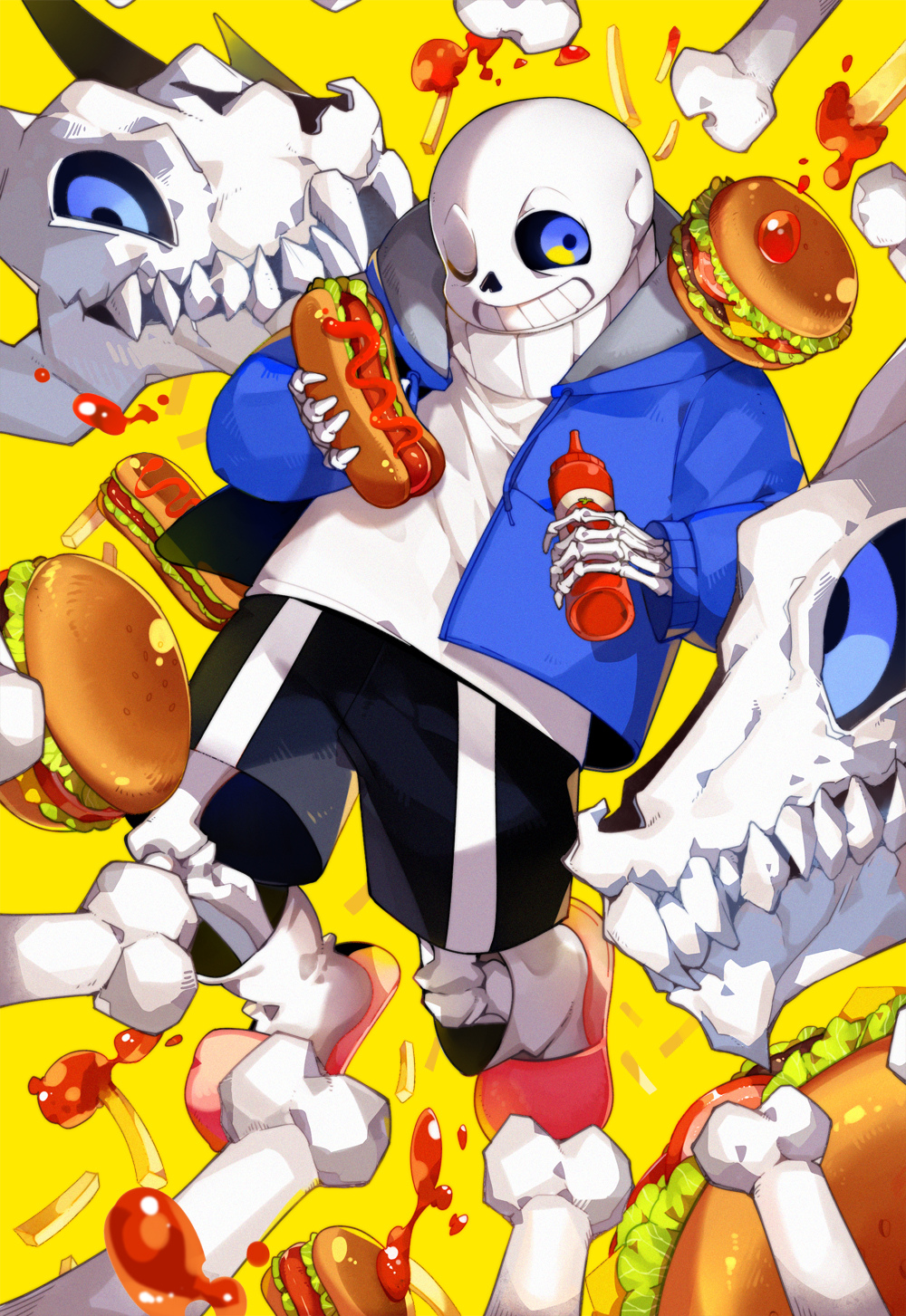 1boy ankle_socks black_shorts blue_eyes blue_jacket bone burger drawstring fast_food food french_fries gasterblaster grin highres holding holding_food hood hood_down hooded_jacket hot_dog jacket ketchup ketchup_bottle long_sleeves looking_at_another looking_at_viewer one_eye_closed open_clothes open_jacket red_footwear sans shorts skeleton slippers smile socks solo somalia sweater too_much_food turtleneck turtleneck_sweater undertale white_socks white_sweater yellow_background
