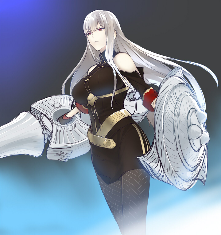 bare_shoulders breasts ginka_sima gloves lance large_breasts long_hair pantyhose polearm red_eyes selvaria_bles senjou_no_valkyria shield silver_hair solo weapon