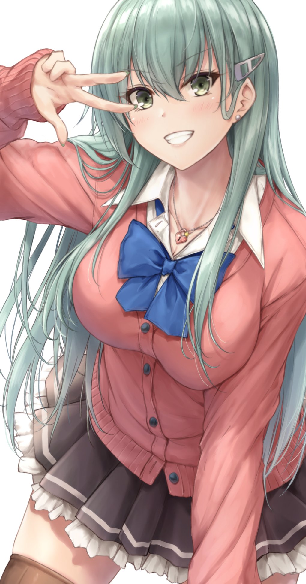 1girl aqua_hair black_skirt blue_bow blue_bowtie bow bowtie breasts brown_thighhighs cardigan collared_shirt dress_shirt frilled_skirt frills green_eyes grin hair_ornament hairclip heart_lock_(kantai_collection) highres jewelry kantai_collection large_breasts leaning_forward long_hair necklace official_alternate_costume pink_cardigan pleated_skirt school_uniform shirt simple_background skirt smile solo suien suzuya_(kancolle) thighhighs v white_background white_shirt winkgrin