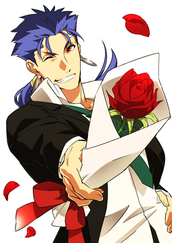 earrings fate/stay_night fate_(series) flower formal jewelry kon_manatsu lancer long_hair male_focus necktie ponytail red_eyes red_flower red_rose rose solo suit
