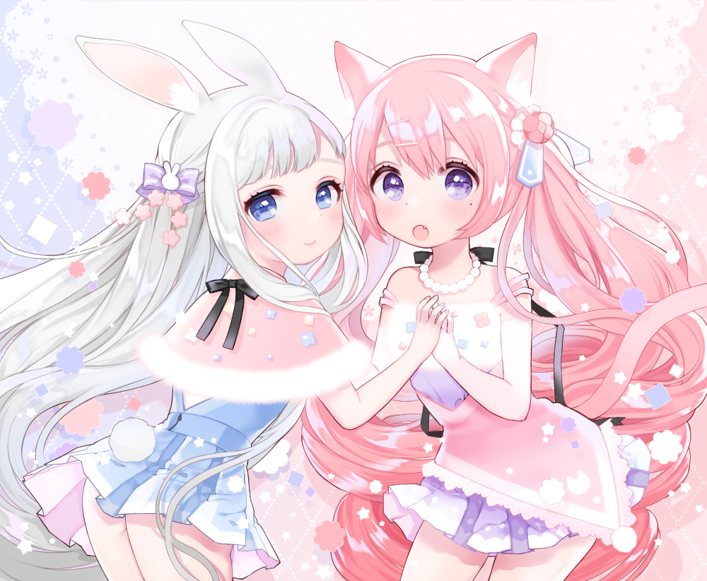 2girls :o animal_ear_fluff animal_ears ass bangs bare_shoulders bead_necklace beads black_ribbon blue_eyes blue_ribbon blue_skirt blush bow bunny_ears bunny_hair_ornament bunny_tail capelet cat_ears closed_mouth commentary_request cowboy_shot curly_hair eyelashes fang fur_trim hair_bow hair_ornament hair_ribbon hand_holding hands_up jewelry kurashi leaning_forward long_hair looking_at_viewer looking_back miniskirt mole mole_under_eye multiple_girls necklace open_mouth original pink_hair pleated_skirt purple_bow purple_eyes purple_shirt purple_skirt ribbon shirt sidelocks silver_hair skirt smile standing striped striped_bow tail tareme twintails very_long_hair
