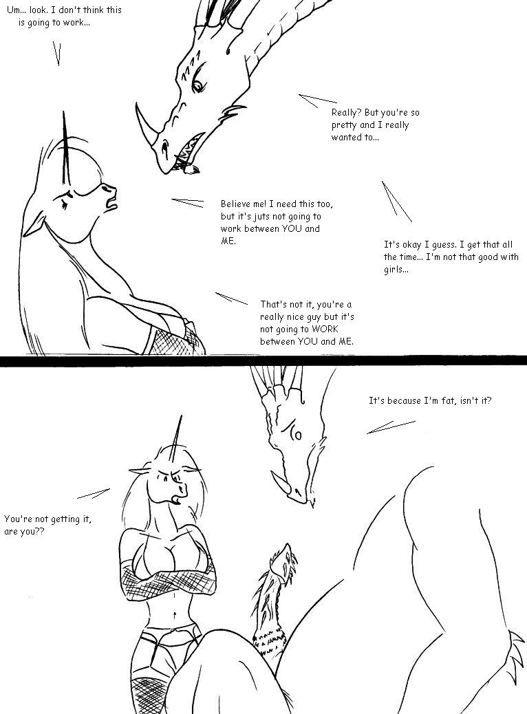 angry annoyed anthro armwear big_breasts bra breasts clothing comic crossed_arms dialogue disappointed dragon duo equid equine female fishnet fishnet_armwear fishnet_legwear garter_belt garter_straps genitals horn humor larger_male legwear male mammal panties penis sad size_difference smaller_female spiked_penis spikes spikes_(anatomy) two_panel_image underwear unicorn vixens-n-pizza