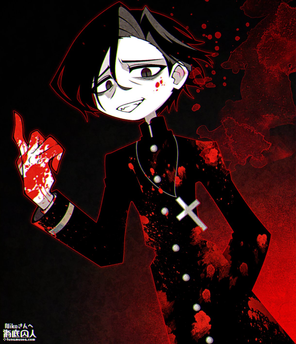 1boy artist_name bags_under_eyes black_background black_shirt blood blood_on_clothes blood_on_face blood_on_hands blood_splatter buttons colored_skin commission commissioner_name cross cross_necklace dilated_pupils funamusea_(artist) grey_eyes highres jewelry long_sleeves necklace original sharp_teeth shirt short_hair skeb_commission solo teeth vampire white_skin