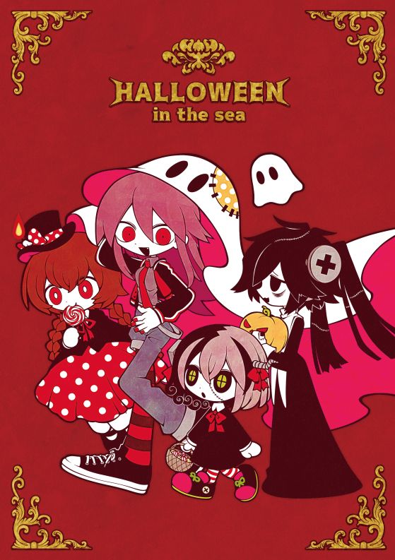 4girls bags_under_eyes basket black_dress black_eyes black_hair bow bowtie braid bright_pupils brown_hair candla_(funamusea) candy colored_skin cover cover_page crea_flankenstein dj_met dress english_text food funamusea funamusea_(artist) ghost ghost_costume green_pupils hair_ornament halloween hat holding holding_basket holding_candy holding_food holding_lollipop holding_pumpkin holding_vegetable jack-o'-lantern jacket kumori_(funamusea) lollipop long_hair multicolored_hair multiple_girls nail_polish neck_ribbon necktie official_art pink_hair polka_dot polka_dot_dress polka_dot_headwear pumpkin red_background red_bow red_eyes red_hair red_nails red_necktie red_ribbon ribbon shoes short_hair striped striped_thighhighs sutare_yume thighhighs vegetable white_pupils white_skin