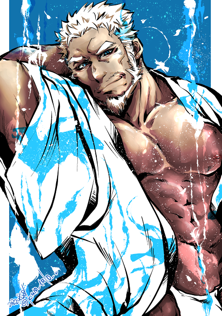 1boy abs aegir_(housamo) arm_behind_head bara beard blue_eyes border closed_mouth commentary_request dark-skinned_male dark_skin dated facial_hair fundoshi japanese_clothes kano_(kano_to10) kimono large_pectorals male_focus mature_male multicolored_hair muscular muscular_male nipples open_clothes open_kimono outside_border pectorals pillarboxed short_hair smirk solo streaked_hair thick_eyebrows tokyo_afterschool_summoners twitter_username upper_body white_border white_hair white_kimono