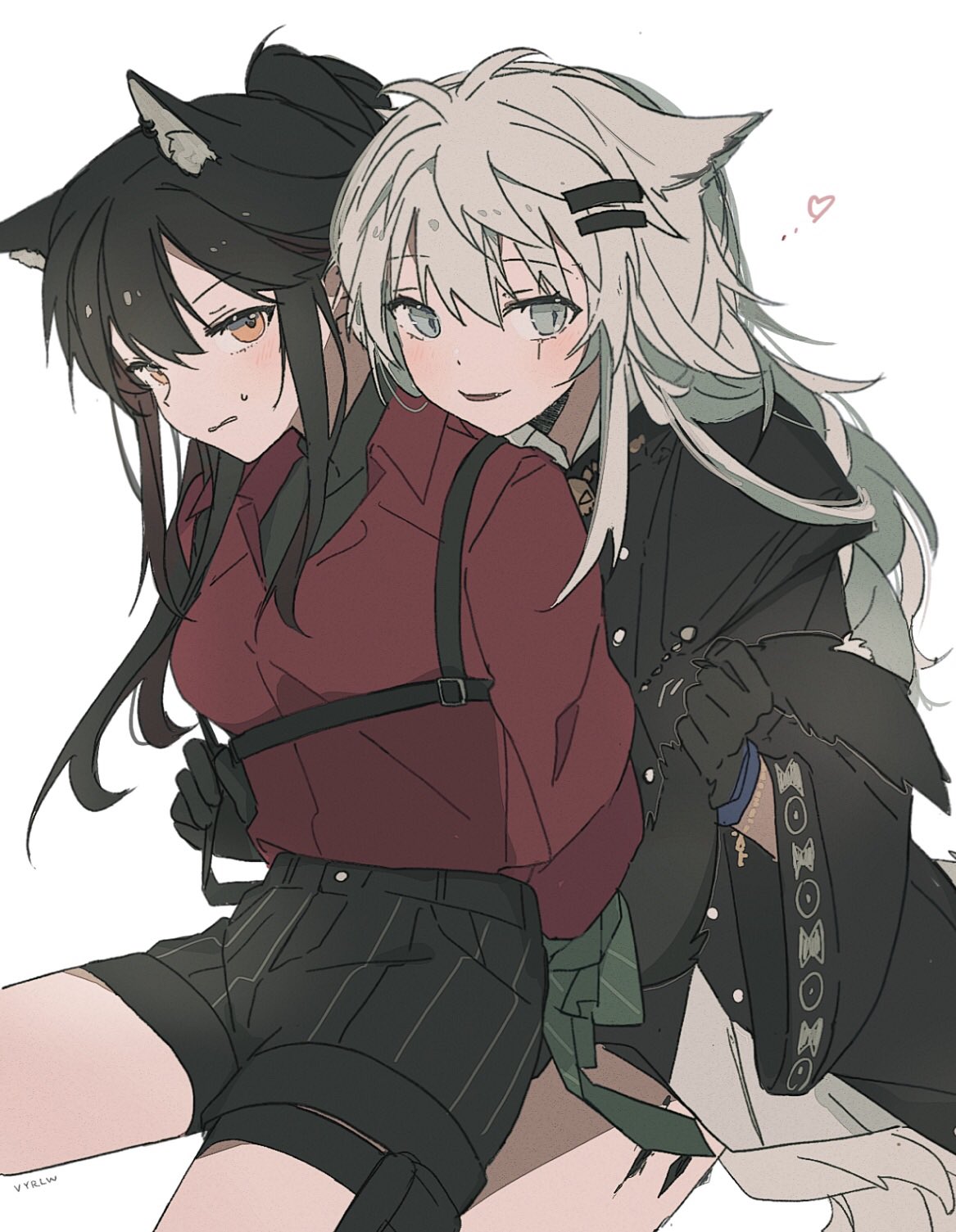 2girls animal_ear_fluff animal_ear_piercing animal_ears antenna_hair arknights arms_behind_back artist_name black_gloves black_hair black_jacket black_pouch black_shorts black_straps black_tail black_undershirt blush bound bound_wrists bracelet breasts brown_eyes buttons chest_harness collared_shirt cowboy_shot diagonal-striped_necktie diagonal_stripes dot_nose double-parted_bangs dress_shirt embarrassed fang from_side gloves green_necktie grey_eyes grey_hair hair_between_eyes hair_flowing_over hair_ornament hairclip hand_up happy harness heart highres hoop_piercing infection_monitor_(arknights) invisible_floor jacket jewelry lappland_(arknights) lappland_(refined_horrormare)_(arknights) leaning leaning_forward leaning_on_person legs_apart light_blush long_hair long_sleeves looking_at_viewer looking_to_the_side medium_breasts messy_hair multiple_girls necklace necktie necktie_around_wrists official_alternate_costume open_mouth pale_skin parted_lips partially_unbuttoned ponytail pouch profile red_shirt restrained scar scar_across_eye scar_on_face seri_(vyrlw) shadow shirt shirt_tucked_in short_shorts shorts sidelocks signature simple_background sitting sitting_on_lap sitting_on_person smile straight_hair strap striped striped_shorts sweatdrop tail tail_grab texas_(arknights) texas_(willpower)_(arknights) thigh_pouch thigh_strap underbust undershirt unworn_necktie vertical-striped_shorts vertical_stripes very_long_hair white_background wide_sleeves wing_collar wolf_ears wolf_girl wolf_tail yuri