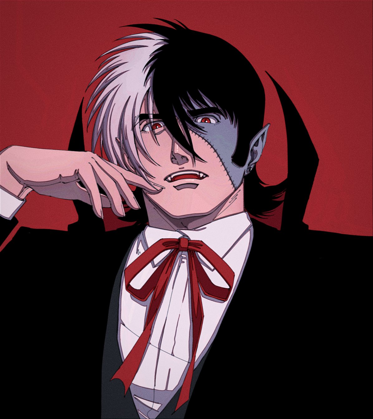1boy black_cape black_hair black_jack_(character) black_jack_(series) cape earrings fangs hair_between_eyes highres jewelry male_focus mature_male multicolored_hair oldkin open_mouth pointy_ears red_background red_eyes red_ribbon ribbon shirt short_hair simple_background solo split-color_hair stitched_face stitches vampire_costume white_hair white_shirt