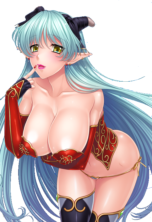 1girl argano bare_shoulders blue_hair blush breasts cleavage demon_girl demon_horns earrings finger_to_mouth fingerless_gloves gloves horns impossible_clothes jewelry large_breasts lipstick long_hair looking_at_viewer makeup open_mouth pointy_ears red_nails simple_background solo taimanin_(series) taimanin_asagi_kessen_arena yellow_eyes