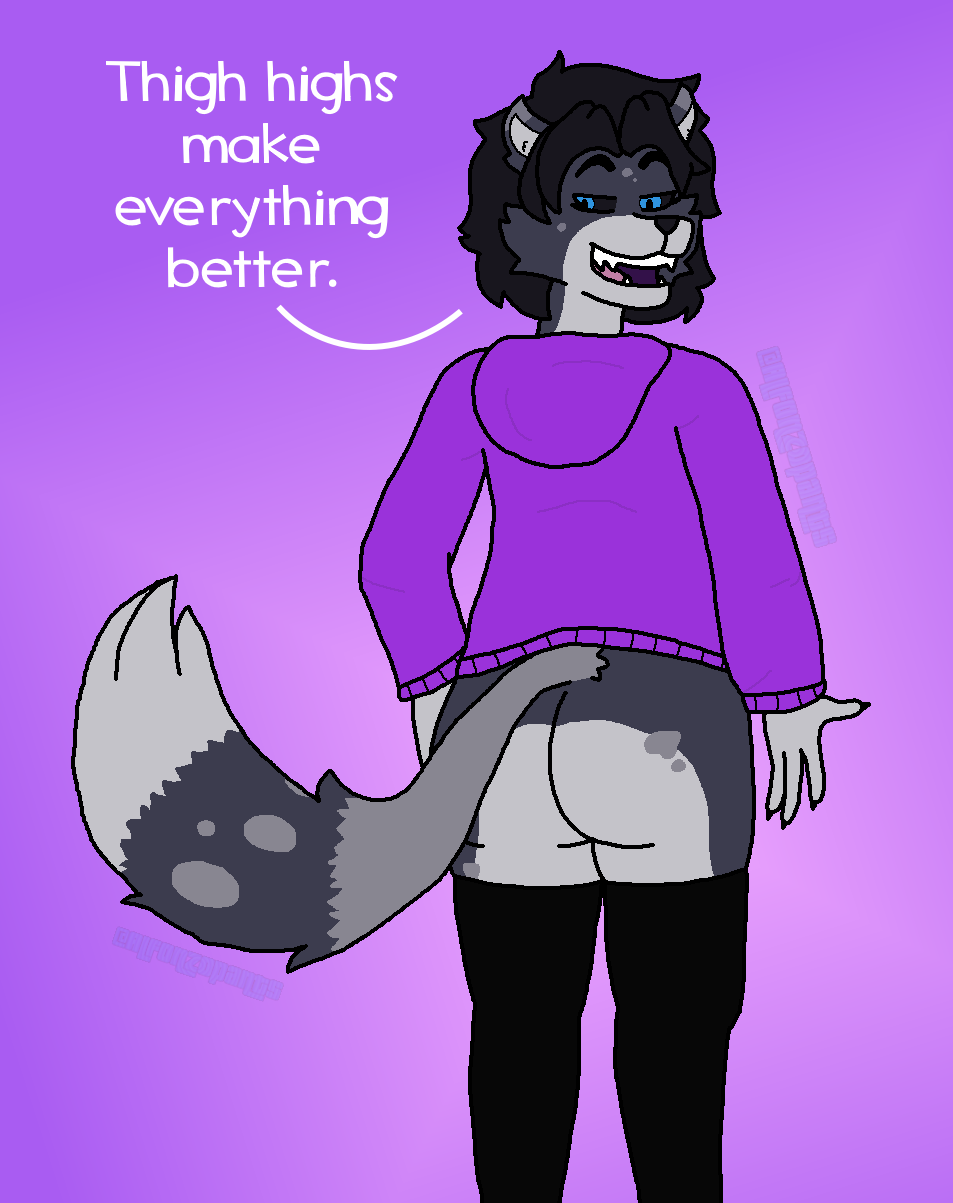 alfonzo_poopypants anthro big_butt black_hair blue_eyes bottomless butt butt_focus canid canine canis clothed clothing dialogue english_text eyebrows female fur hair hi_res hoodie legwear lilith_(lilith58415119) looking_back mammal multicolored_body multicolored_fur presenting presenting_hindquarters raised_eyebrows rear_view short_hair simple_background smile solo talking_to_viewer text thigh_highs topwear wolf
