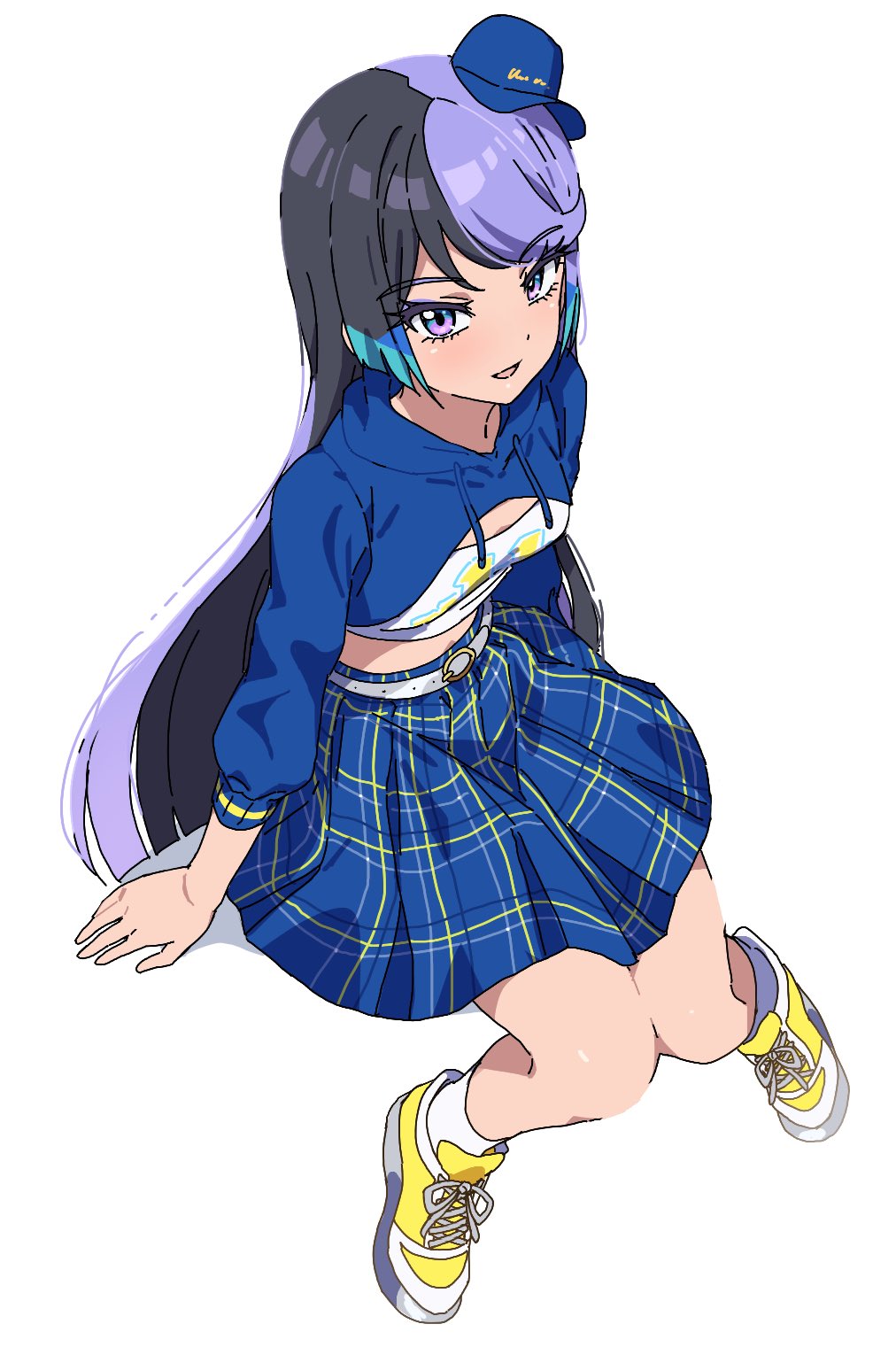 1girl baseball_cap belt black_hair blue_hair blue_skirt blunt_ends carron_(waccha_primagi!) commentary_request dolldolldd from_above full_body hat highres hood hood_down invisible_chair korean_commentary long_hair long_sleeves looking_at_viewer midriff mini_hat multicolored_hair open_mouth plaid plaid_skirt pleated_skirt pretty_series purple_eyes purple_hair shoes shrug_(clothing) simple_background sitting skirt smile sneakers solo very_long_hair waccha_primagi! white_background white_belt yellow_footwear